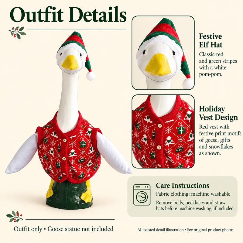 AI-assisted detail illustration: Ugly Sweater Style Porch Goose Vest & Elf Hat for 23-Inch Statue
