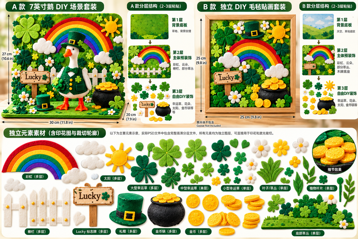 St. Patrick's Day Felt DIY Picture Kit — Design B — DIY design reference; goose inclusion depends on selected package.