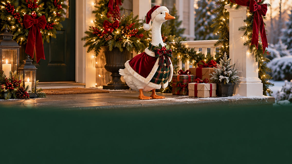 Christmas porch scene with a decorative goose statue in a Santa outfit, evergreen garlands, warm lights and wrapped gifts.